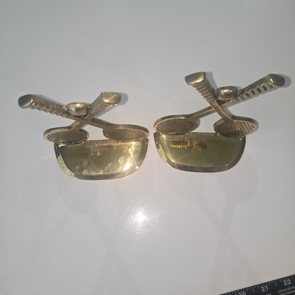 Vintage Brass Tennis Racket Bookends Pair 1970s Taiwan Sports Decor Gold Tone - Picture 5 of 11